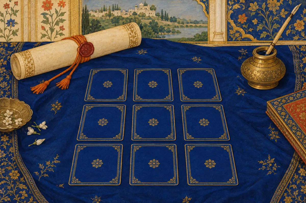 Miniature painting of a sealed scroll, nine cards in three rows, and an inkpot with a quill