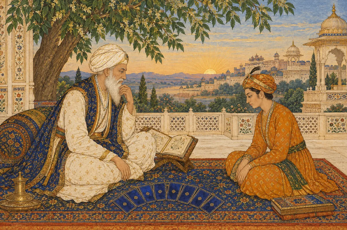 Miniature painting of a teacher and a student seated on a terrace, a tarot deck laid out on the carpet between them