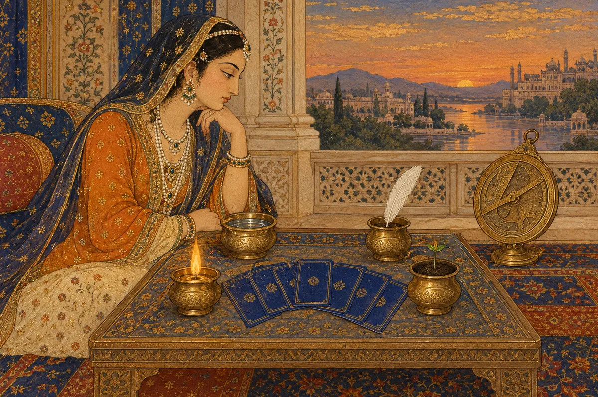 Miniature painting of a woman reading a row of cards beside a lamp, a brass astrolabe and a quill