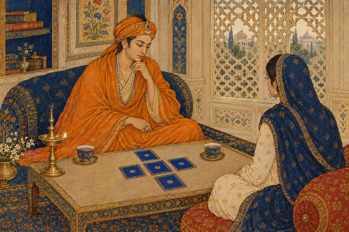 Miniature painting of a reader in saffron laying out a cross of cards for a seated client