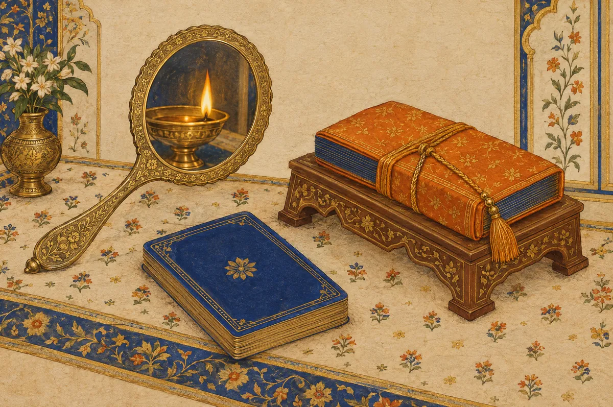 A tarot deck and a wrapped book on a carved stand, a lamp reflected in a hand mirror