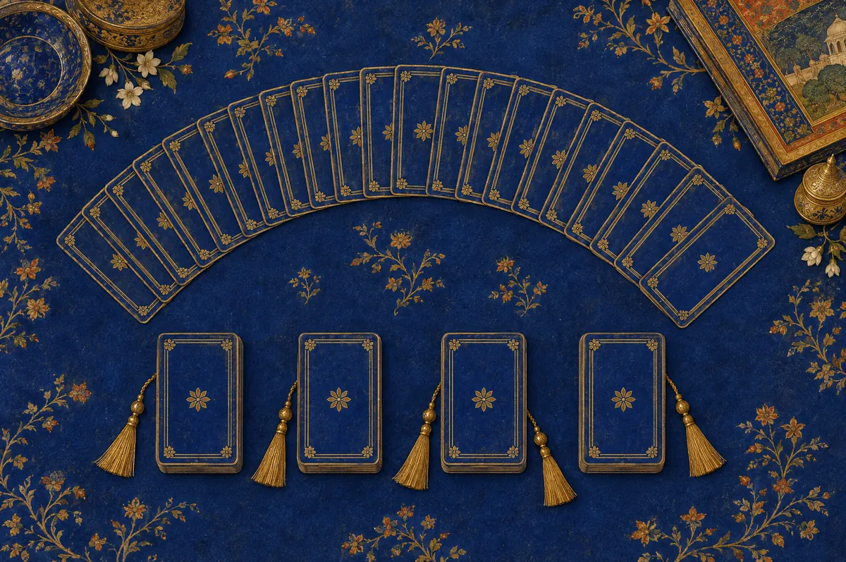 The deck fanned in an arc above four tasselled cards on a blue cloth