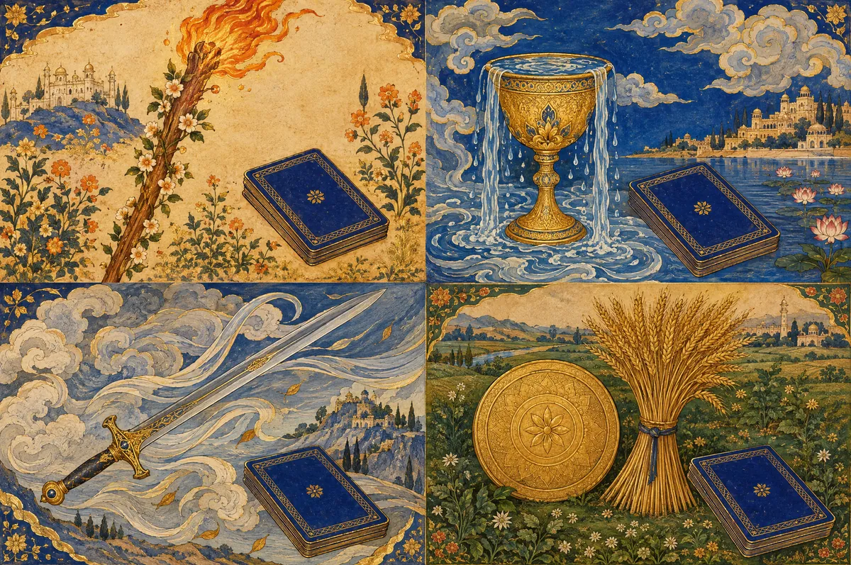 Four panels: a burning wand, a cup in falling water, a sword in the wind and a coin among wheat