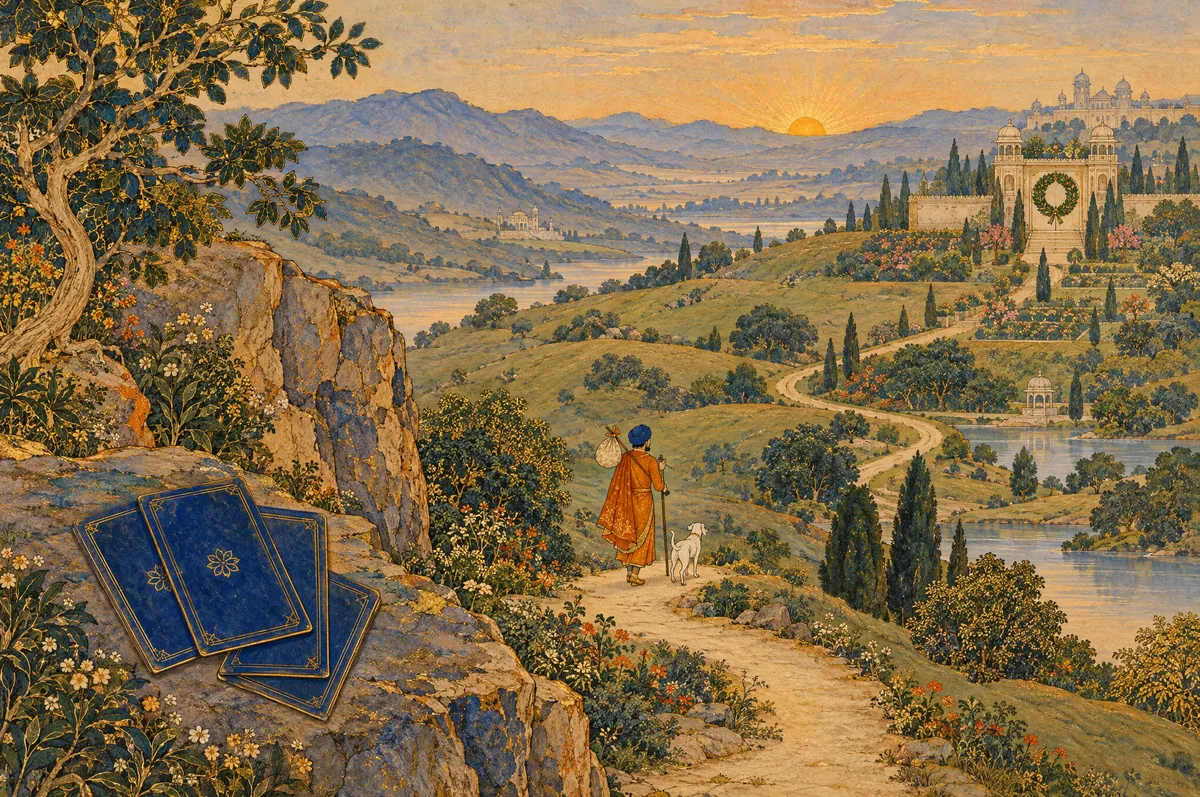 A traveller on a winding road through the hills toward a distant palace, a deck in the foreground