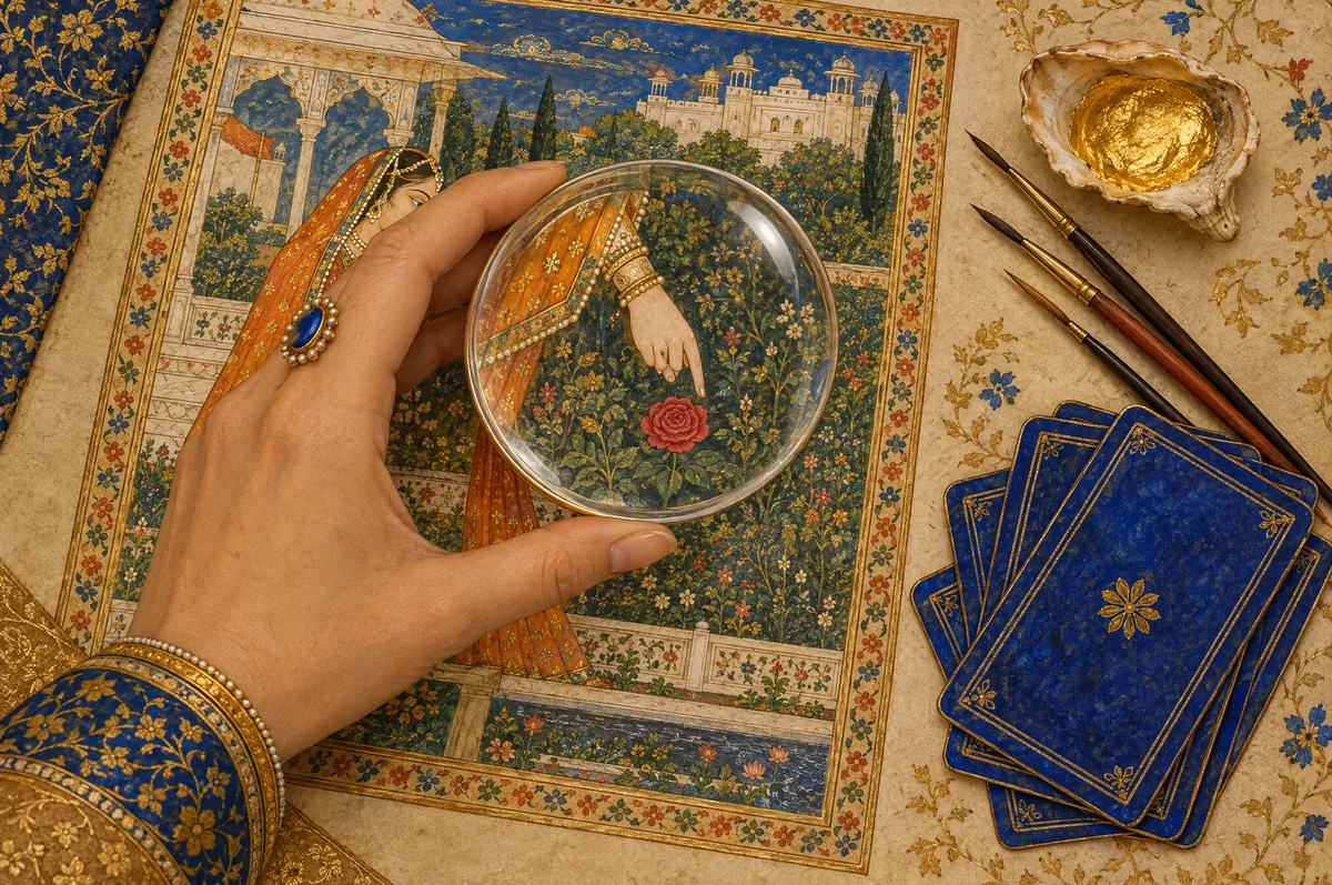 A hand holding a lens over the detail of a painted card, brushes and a fanned deck beside it