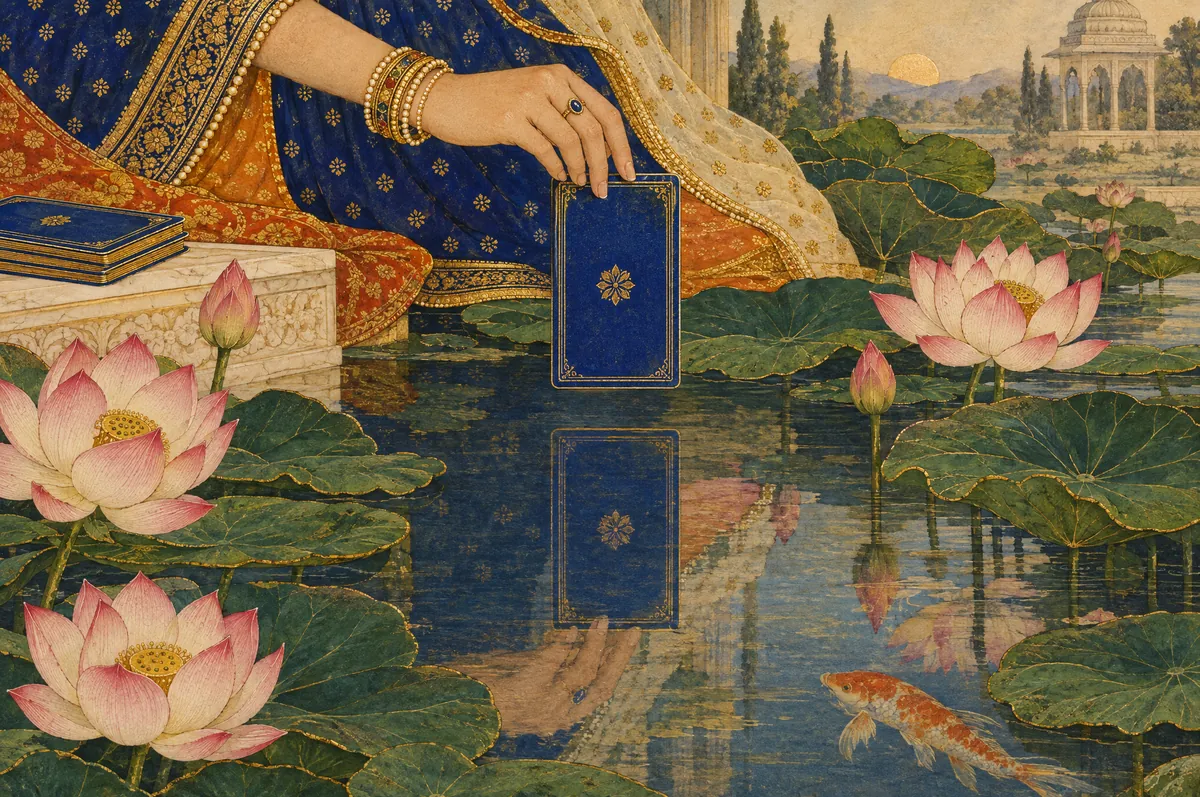 A hand holding a card above a lotus pond, its reflection turned upside down in the water