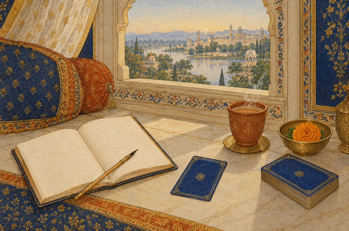 An open journal and pen beside a single card and a cup on a window seat