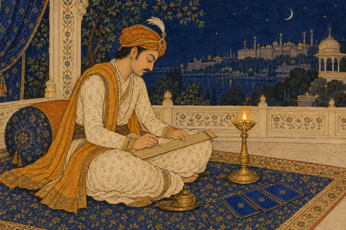A young man writing by lamplight on a terrace at night, cards laid before him