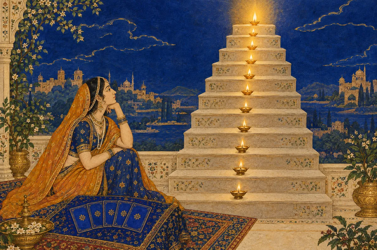 A woman seated before a stepped tower of ten lit lamps, cards at her feet