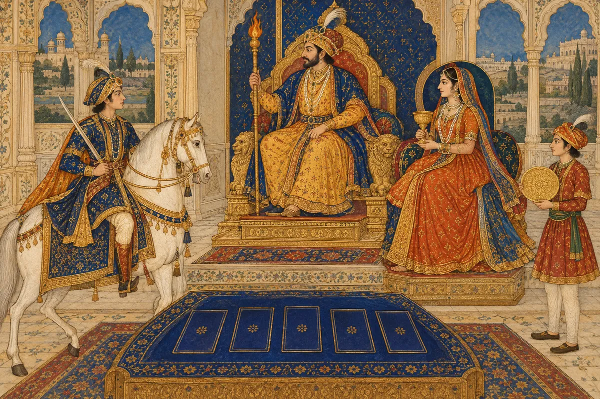 A royal court of page, knight, queen and king, a row of cards on the carpet before the throne