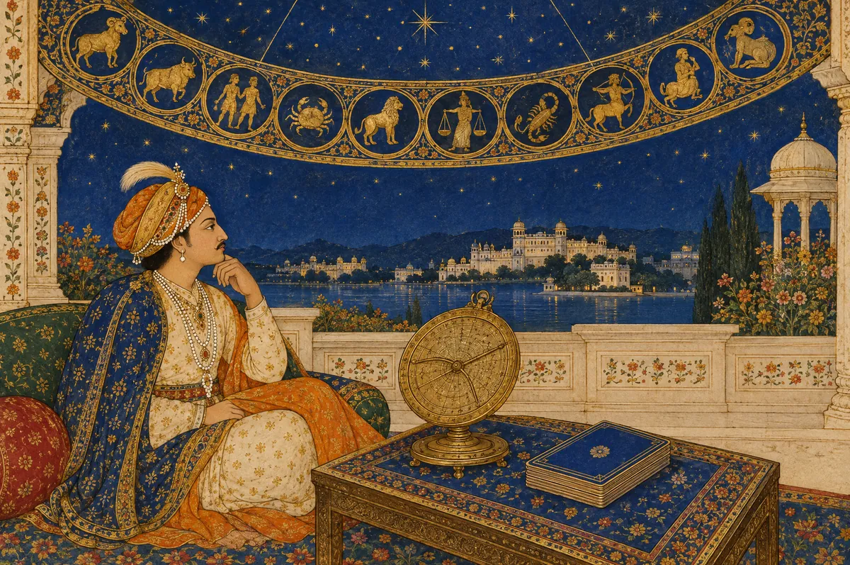 A scholar beneath a painted band of the zodiac, a celestial globe and a deck on the table