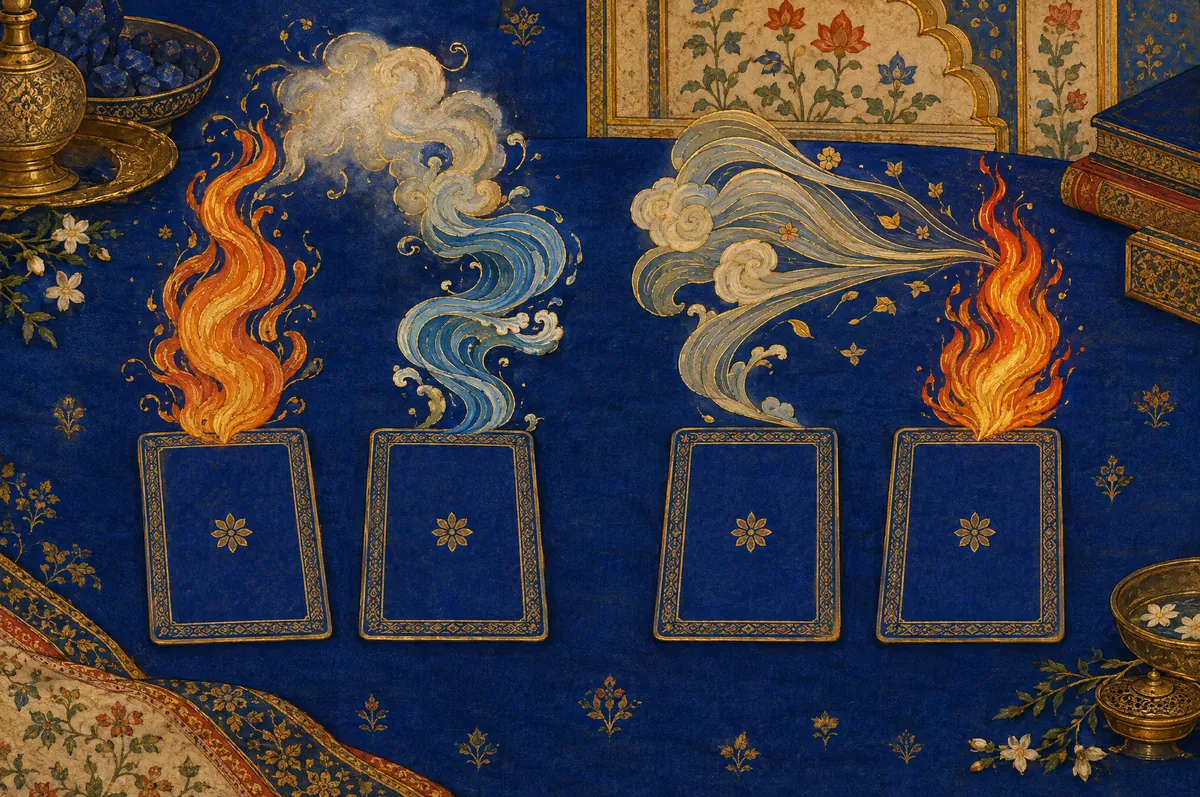 Four cards in a row with flame, cloud and wind rising from them