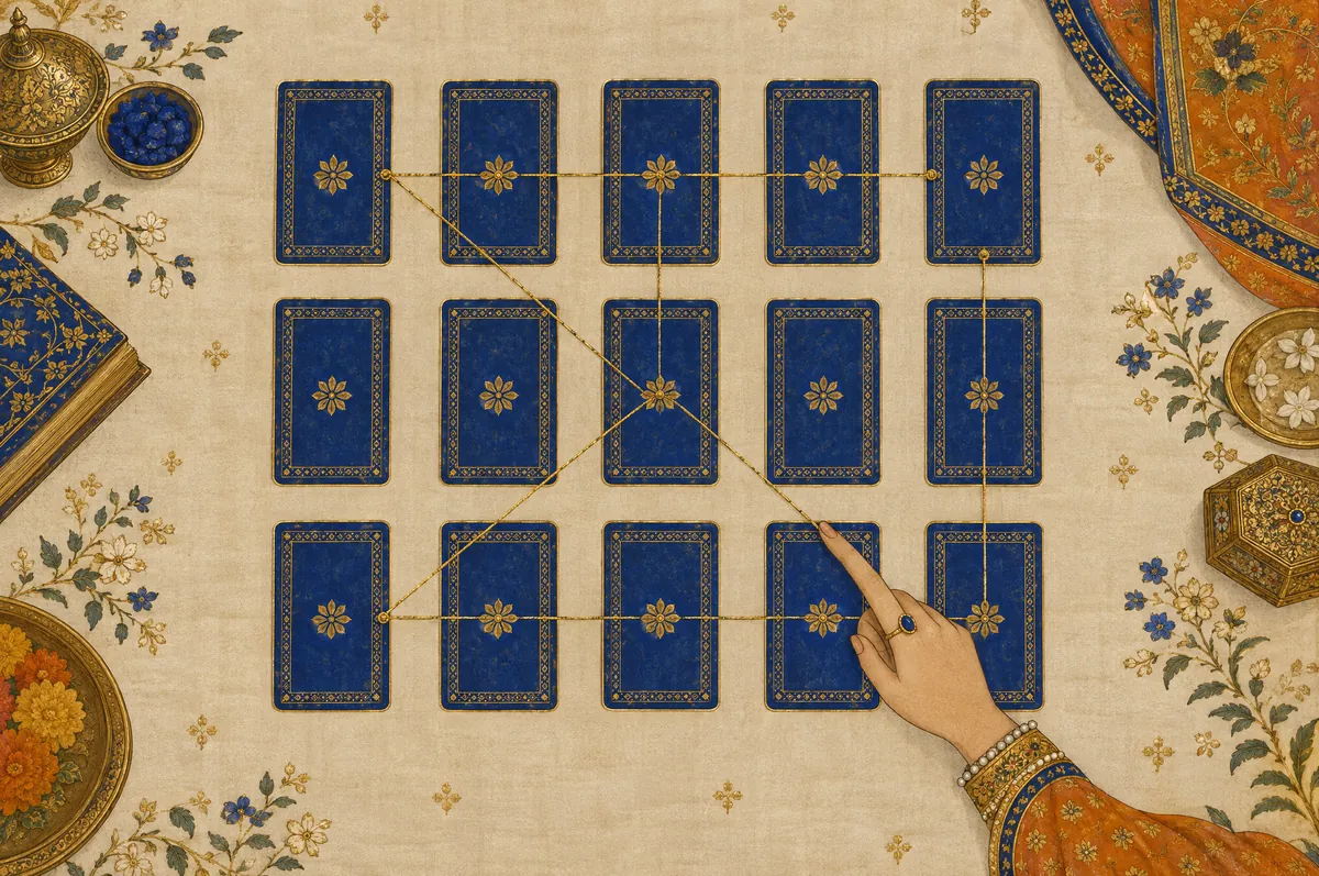 Fifteen cards in a grid, a pointer tracing the lines between them