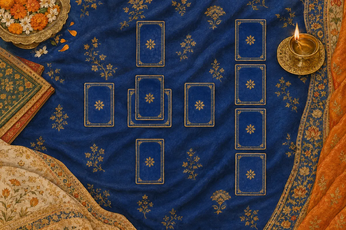 A Celtic Cross of ten cards laid on a blue cloth beside a lamp