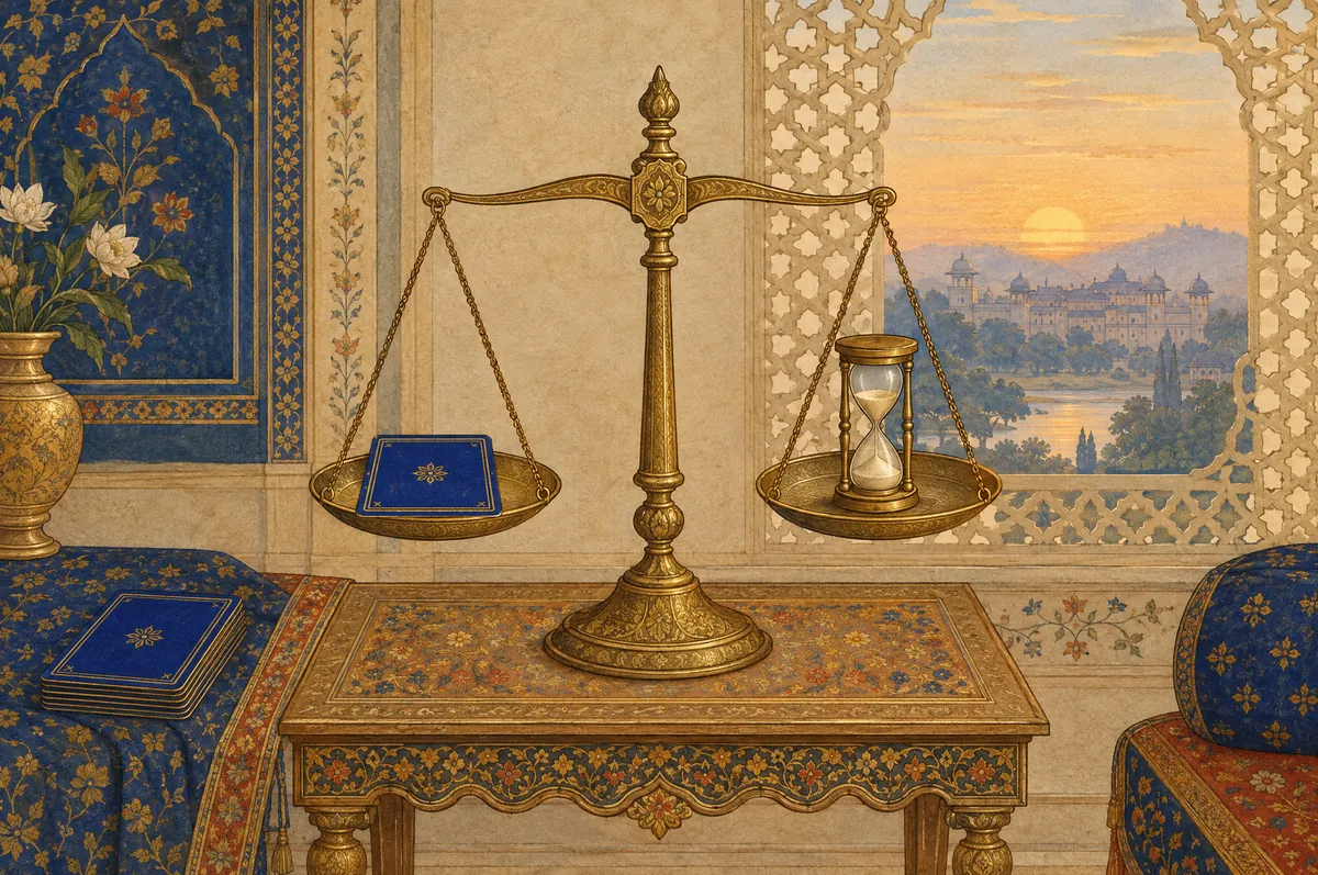 A balance with a card in one pan and an hourglass beside it at sunset