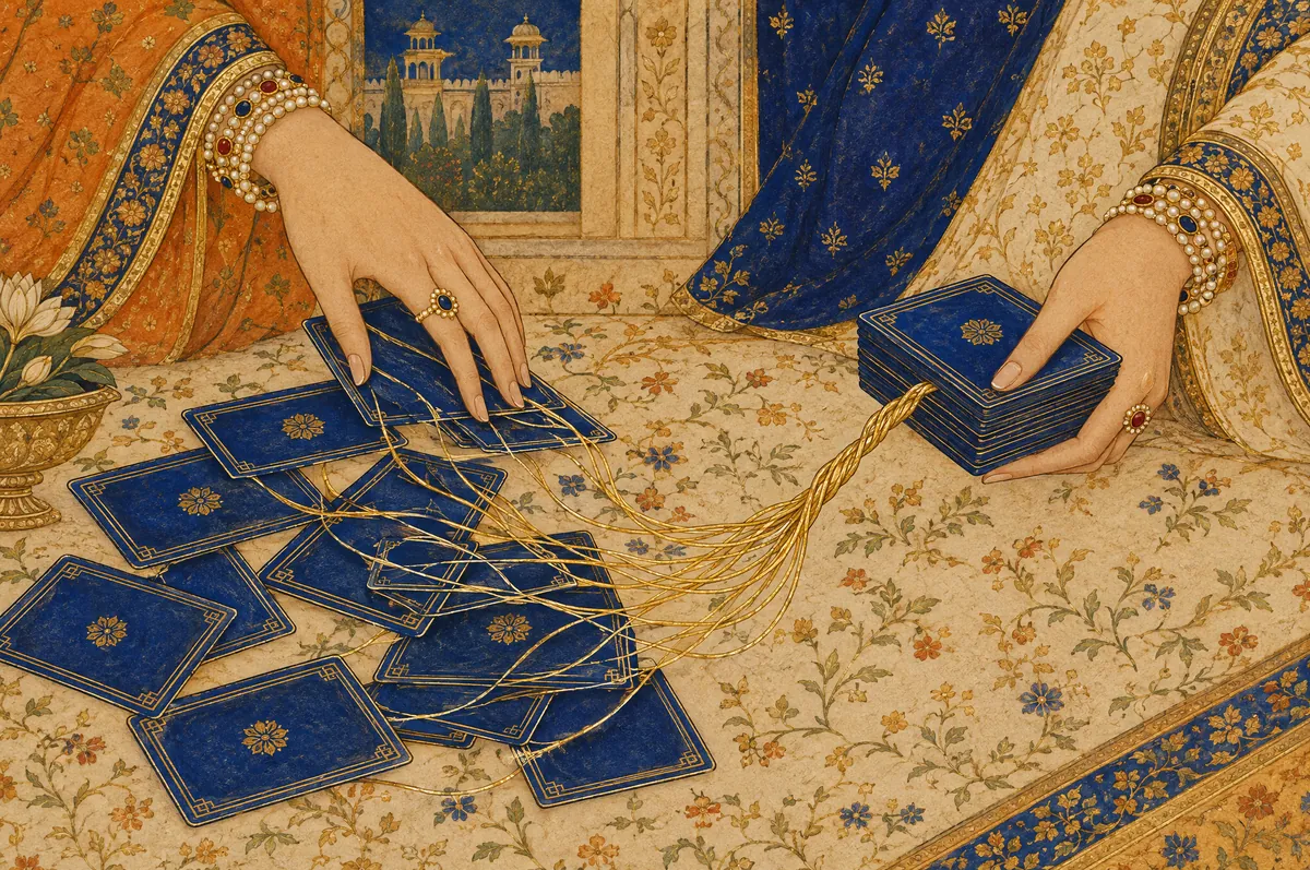 Hands gathering a spread of cards joined by fine gold threads
