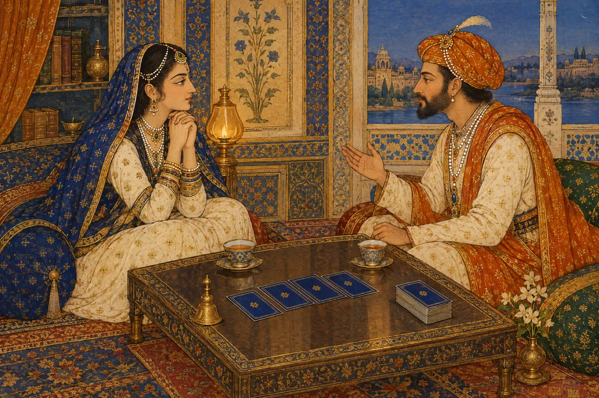 A reader and a client in conversation across a low table set with cards and cups
