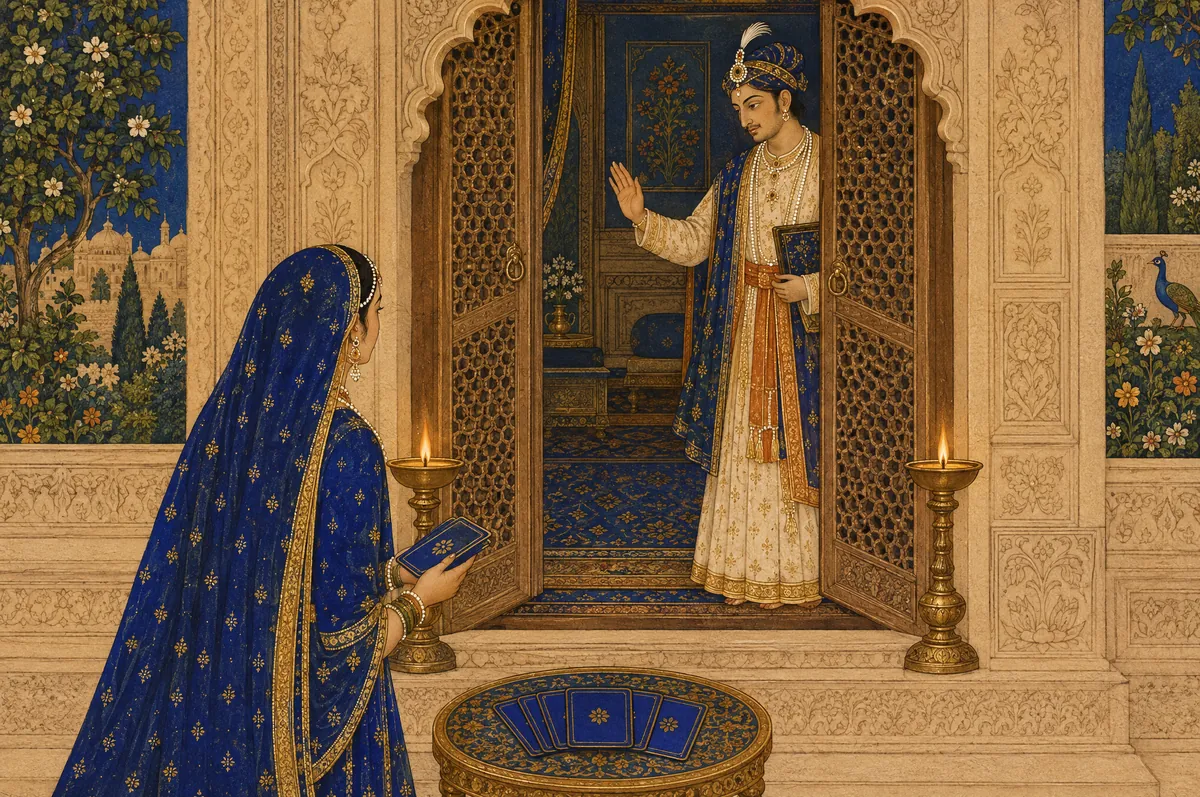 A reader at an open doorway raising a palm to a visitor waiting at the threshold