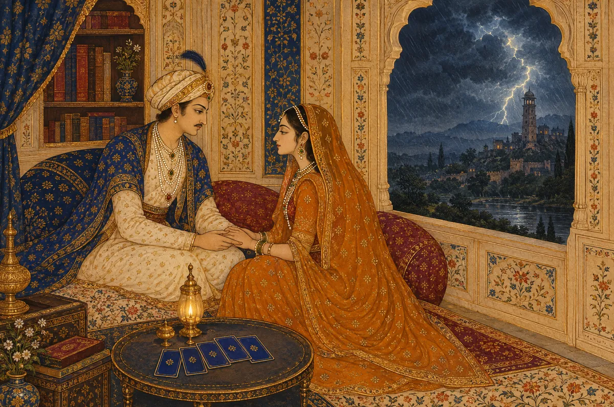 A reader holding a client's hands over the cards while lightning strikes a tower outside