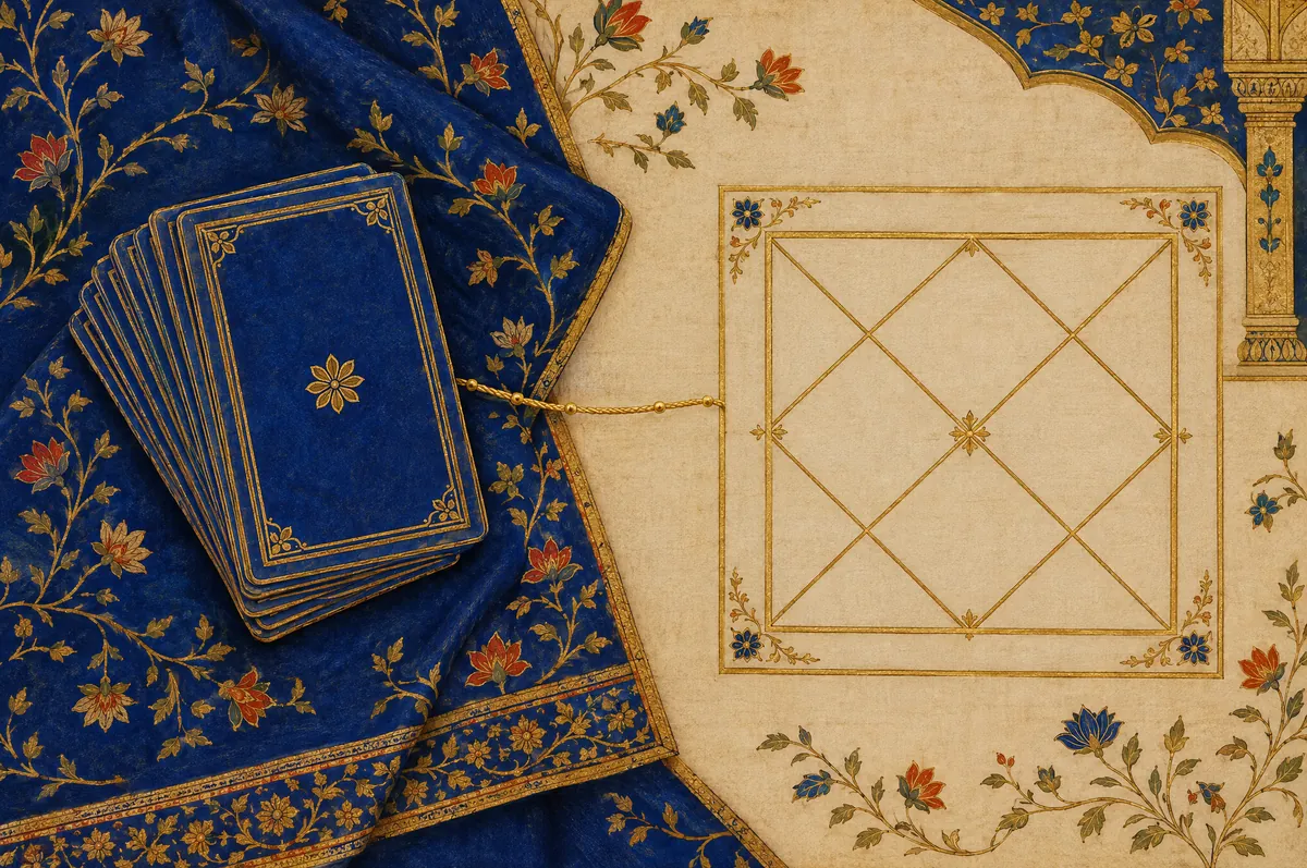 A deck beside a square birth chart drawn on cloth