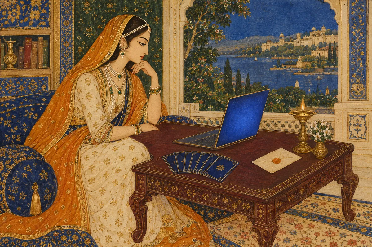 A woman reading cards beside an open laptop at a carved table
