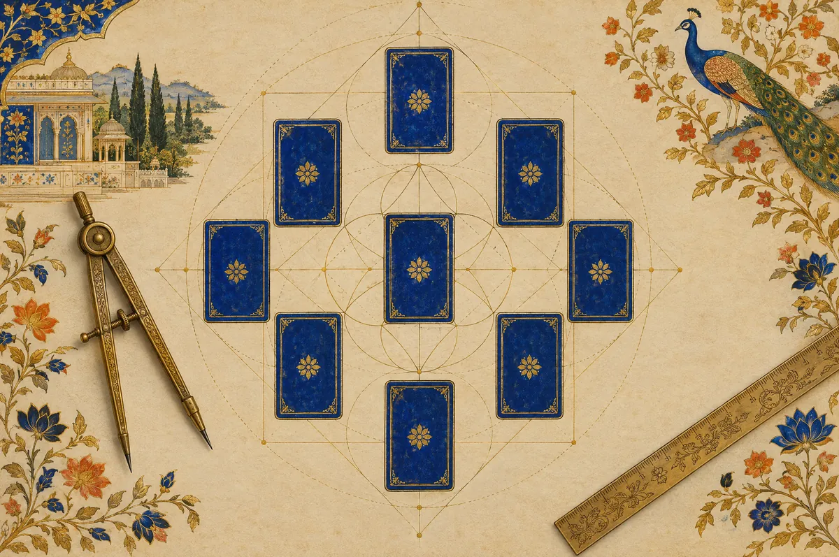 A spread of cards set on geometric guide lines, with a compass and a ruler