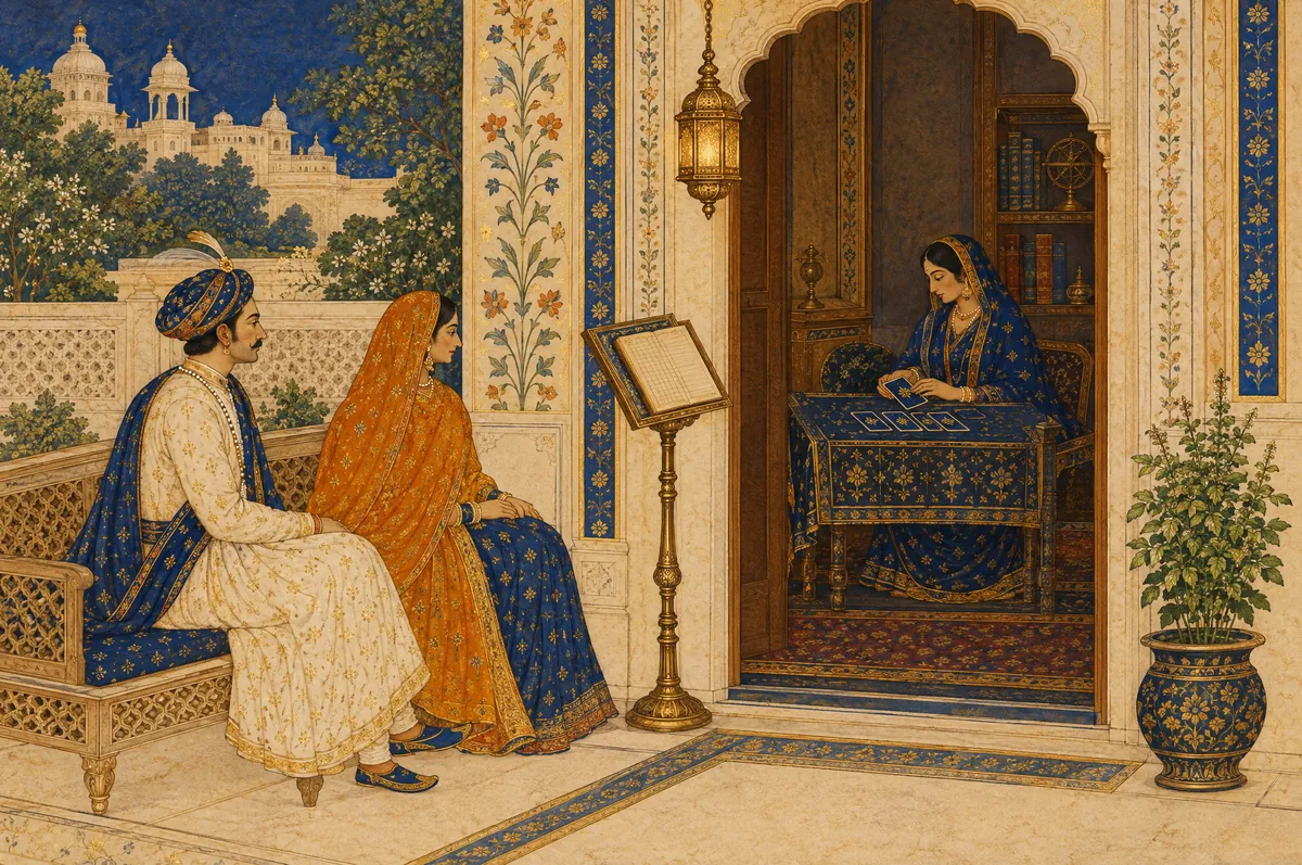 A consulting room seen through an arched doorway, a reader and a client at the entrance