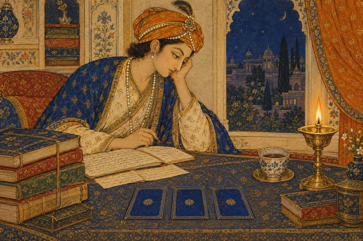 A student writing late by lamplight, cards and books on the table